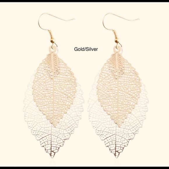 VINTAGE TWO TONE LEAVES DROP EARRINGS SET OF 2 - Picture 5 of 5